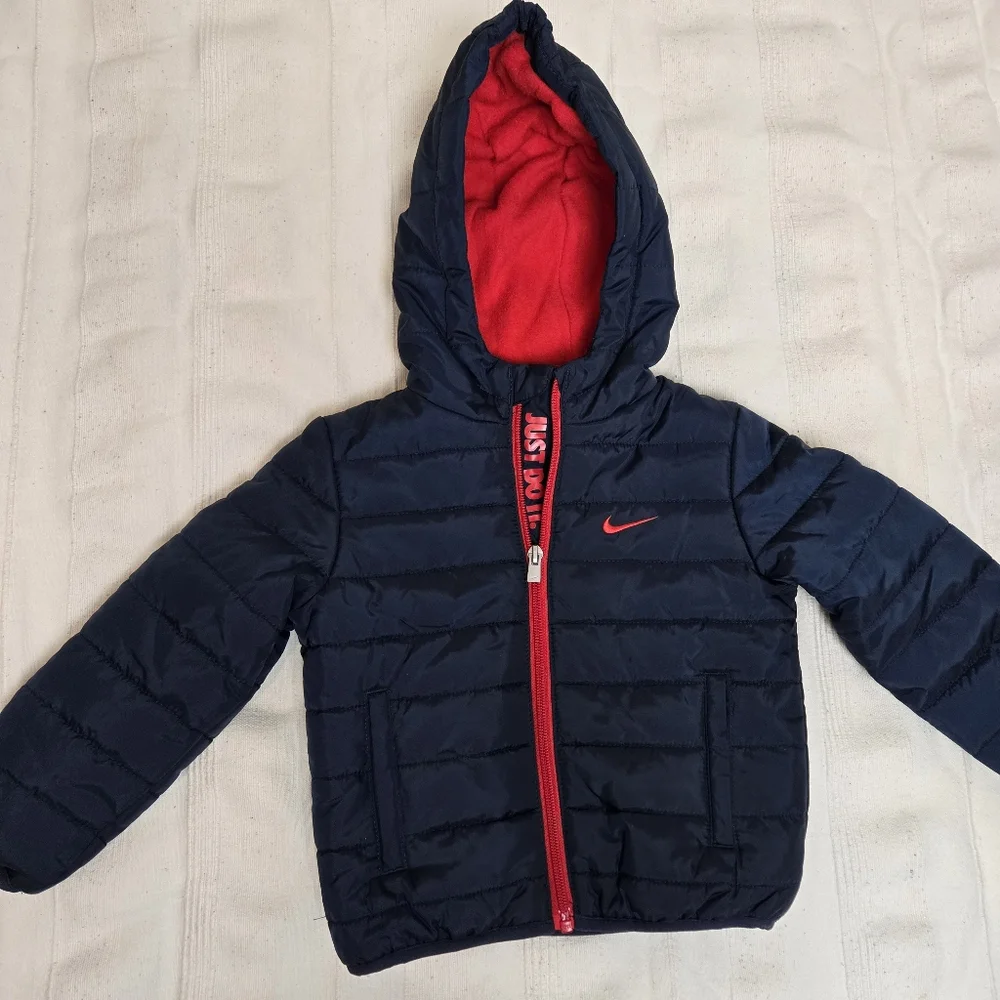 Nike Toddler Boys Puffer Hooded‎ Jacket Size 2T Full Zip Navy &  Red